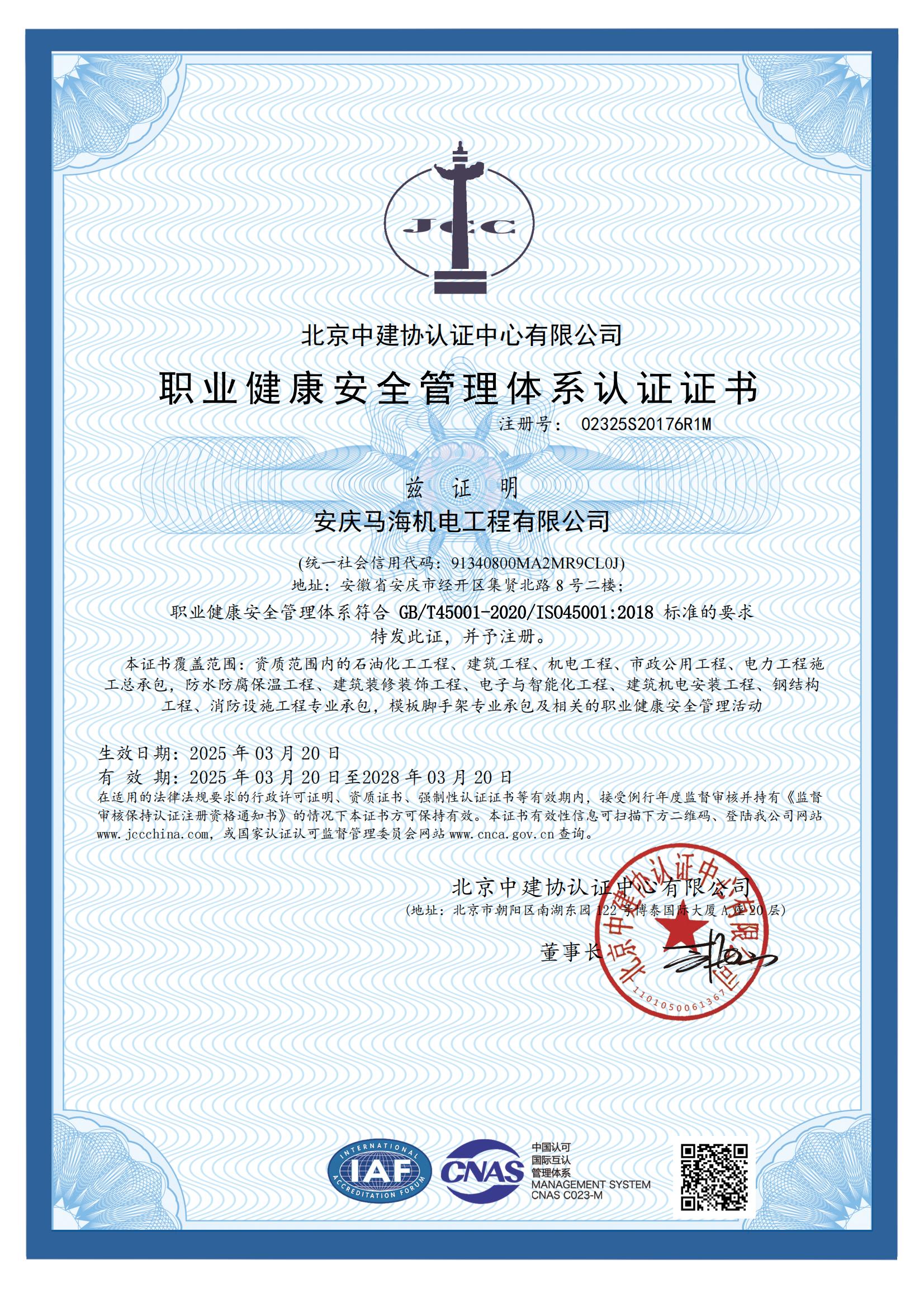職業健康體系證書
